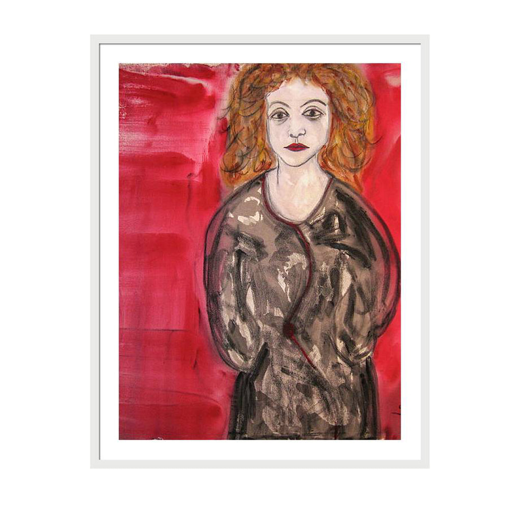 Expressionist portrait of a woman named Petra with red curly hair, a serious expression, and a loose black coat, set against a deep red backdrop.