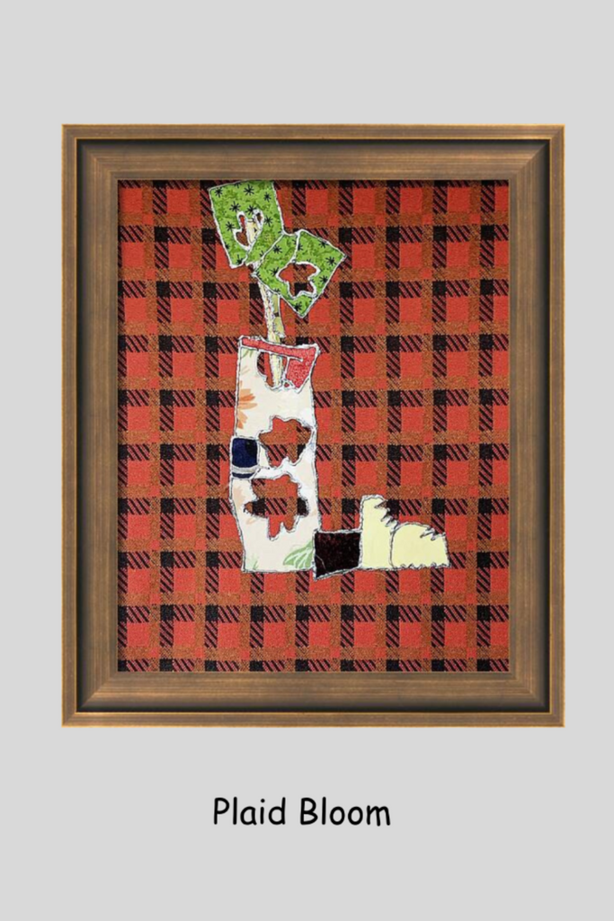 Framed artwork with plaid pattern and abstract design on a gray background