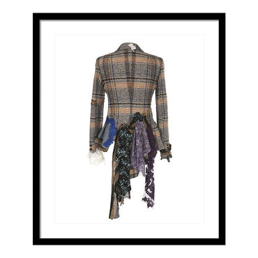 Art print of a handmade plaid jacket titled Rosalie Jacket, designed by Sara Palacios with layered lace, fiber embellishments, and vintage tailoring.