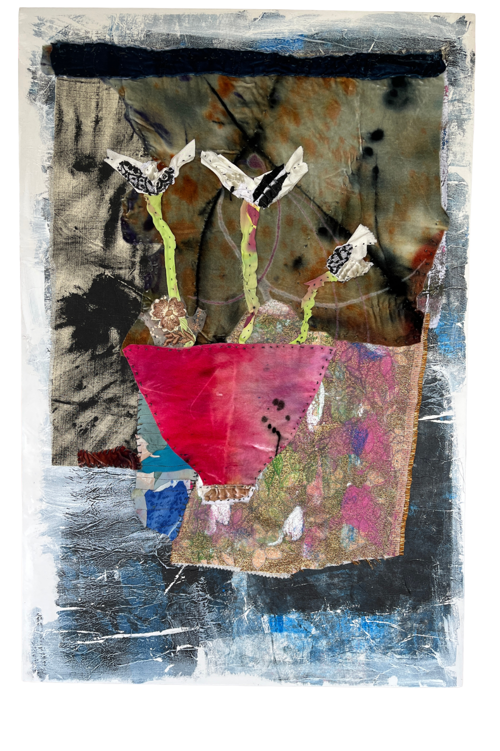 abstract floral textile art blue, black red