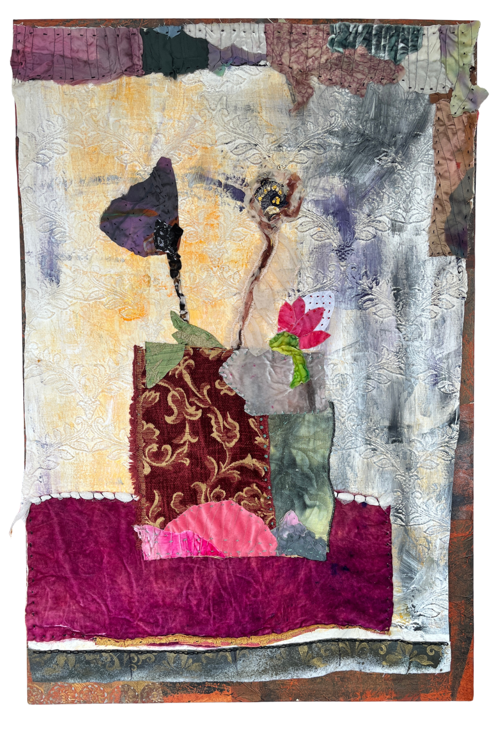 textile art on a yellow, white, brown background, abstract multi color base with 3 abstract flowers