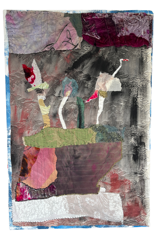 multi color textile art, abstract flowers in an abstract base