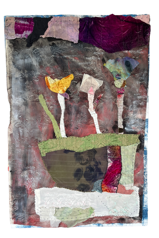 textile art, abstract multi color background with a abstract flower base adn 3 flowers