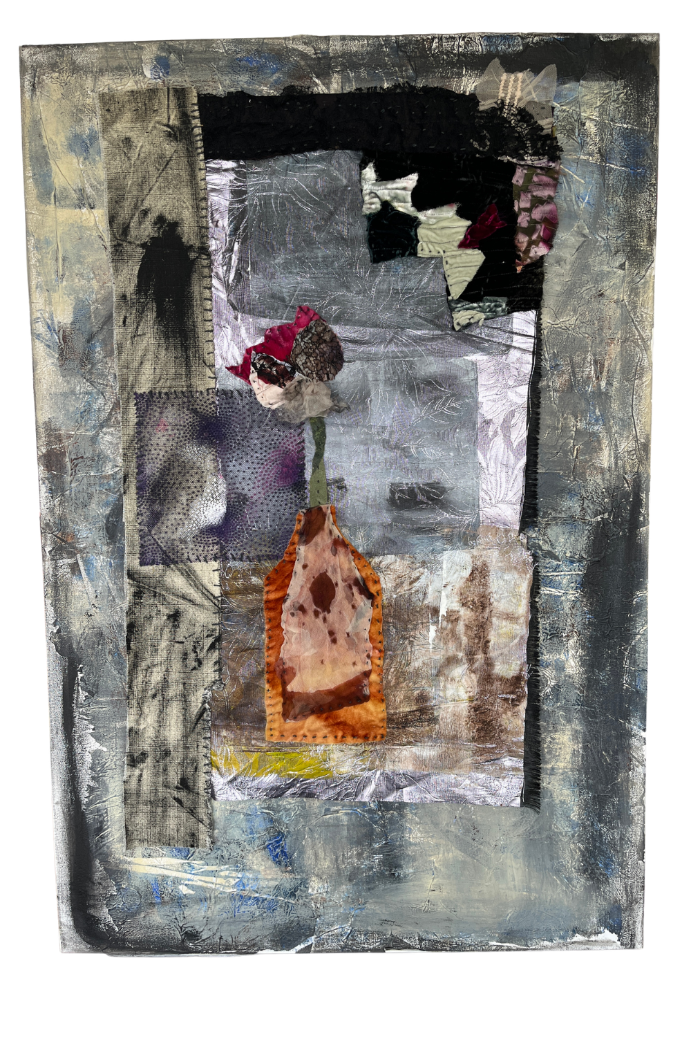 gray textile art, abstract orange bottle wth a flower