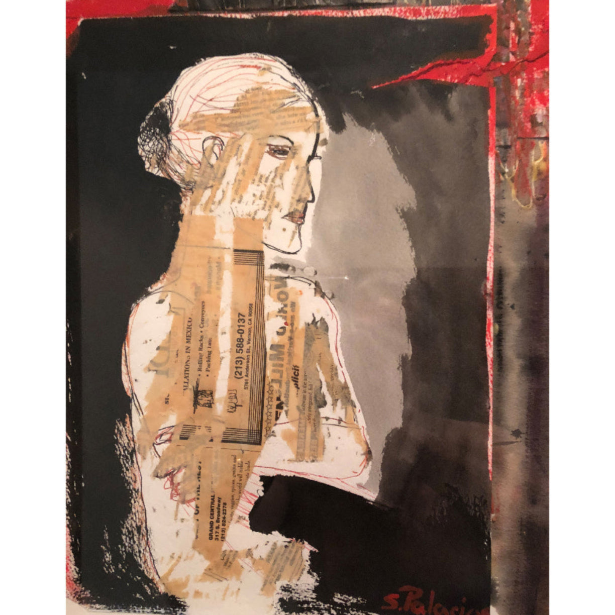 Collage portrait of a woman in profile made with torn paper, receipts, ink, and red accents. A mixed media reinterpretation from the She in Red series.