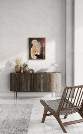 Collage portrait of a woman in profile made with torn paper, receipts, ink, and red accents. A mixed media reinterpretation from the She in Red series.