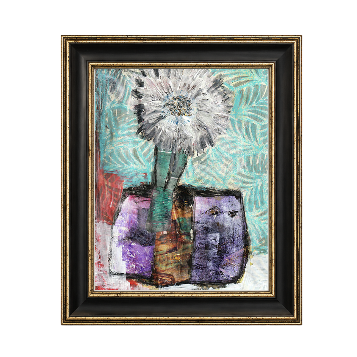 A framed abstract painting featuring a stylized flower head in white and gray with purple, green, and red geometric forms below, set in a black frame with gold detailing, shown against a plain white background.