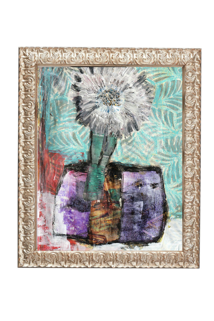 Abstract artwork with a floral element in a decorative frame