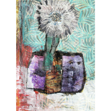 Mixed media collage titled Snow Moon by Sara Palacios. The artwork features a large white textured flower in a teal vase, set against a patterned turquoise background with layered purple and red blocks, creating a cool, modern composition.