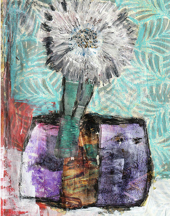 Abstract artwork with a vase and flowers against a textured background