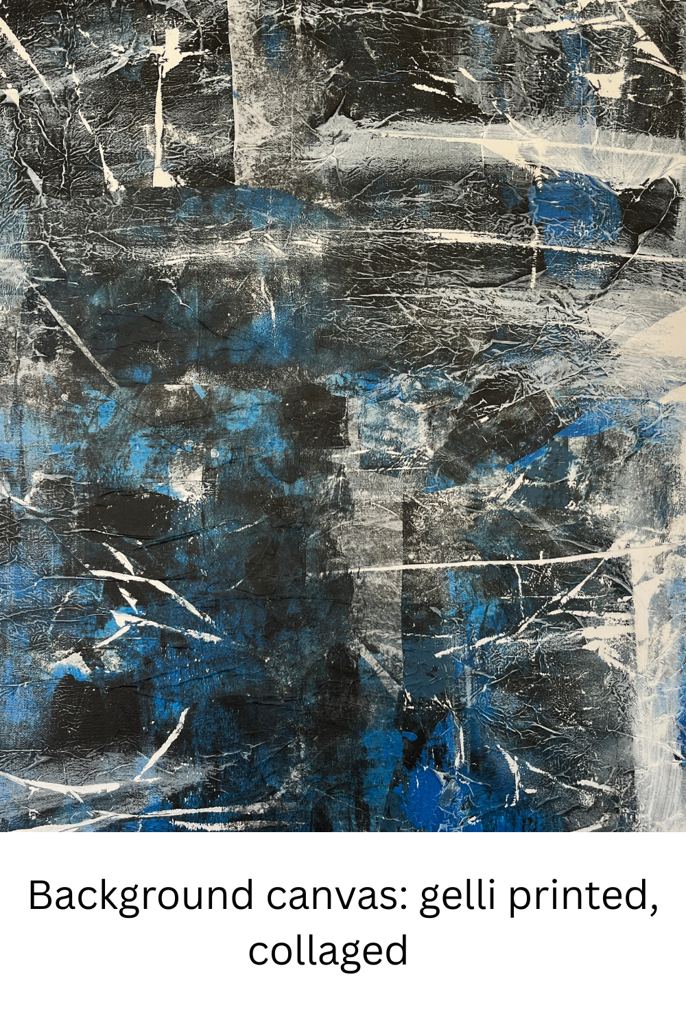 Abstract art with blue and black tones on a gelli printed, collaged background
