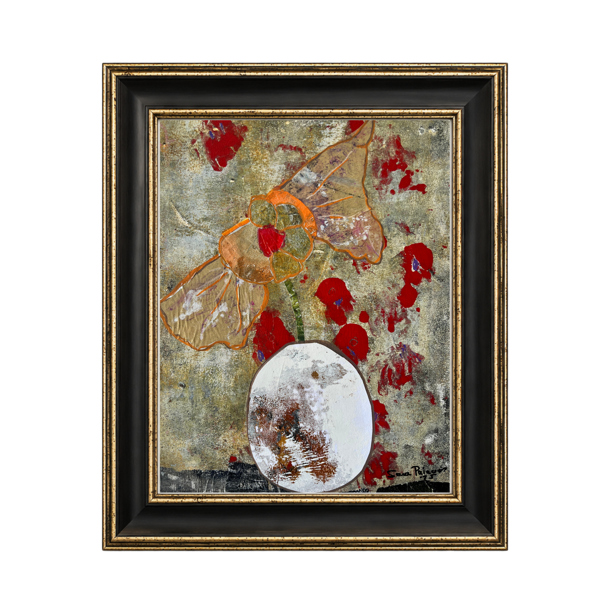 A framed mixed-media painting featuring a butterfly, a white moon, and red splatters on a textured gray and gold background, housed in a black frame with gold trim.