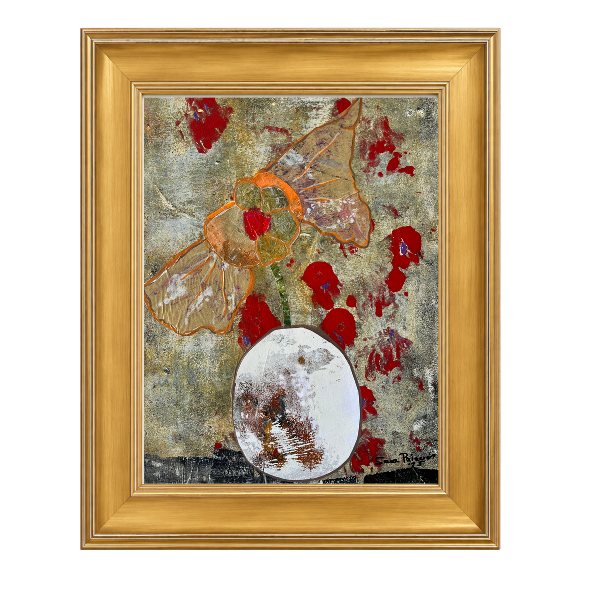 Framed abstract art print featuring a textured background with red splatters, a butterfly motif, and a white oval shape, presented in a gold frame .