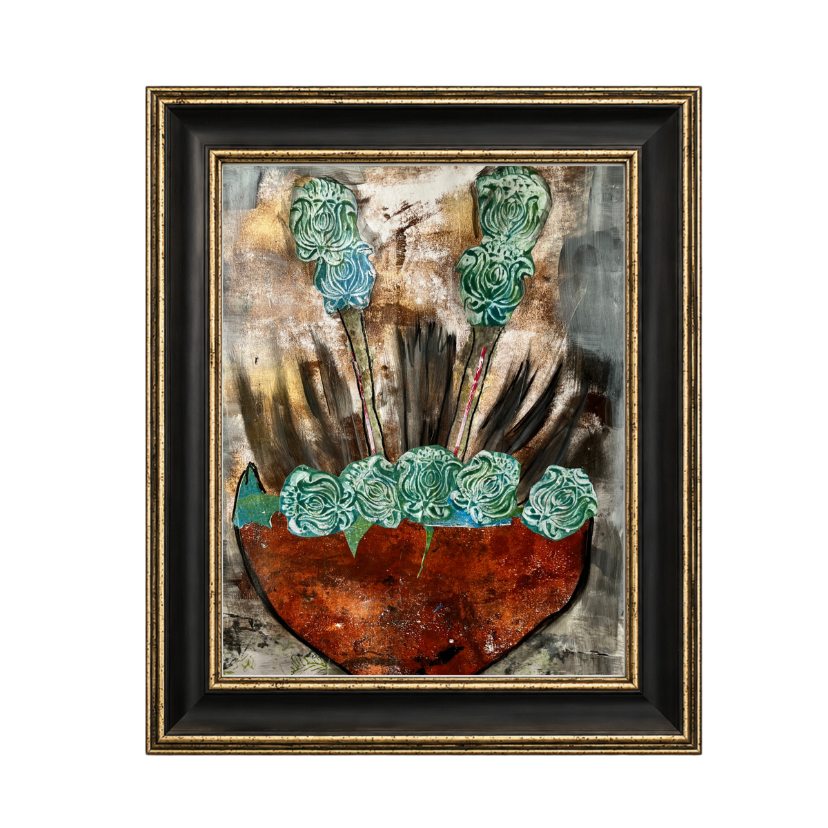 Framed abstract art print featuring a textured rust-red heart shape with turquoise floral elements and dark vertical strokes on a mottled gray-brown background, housed in a black and gold frame.
