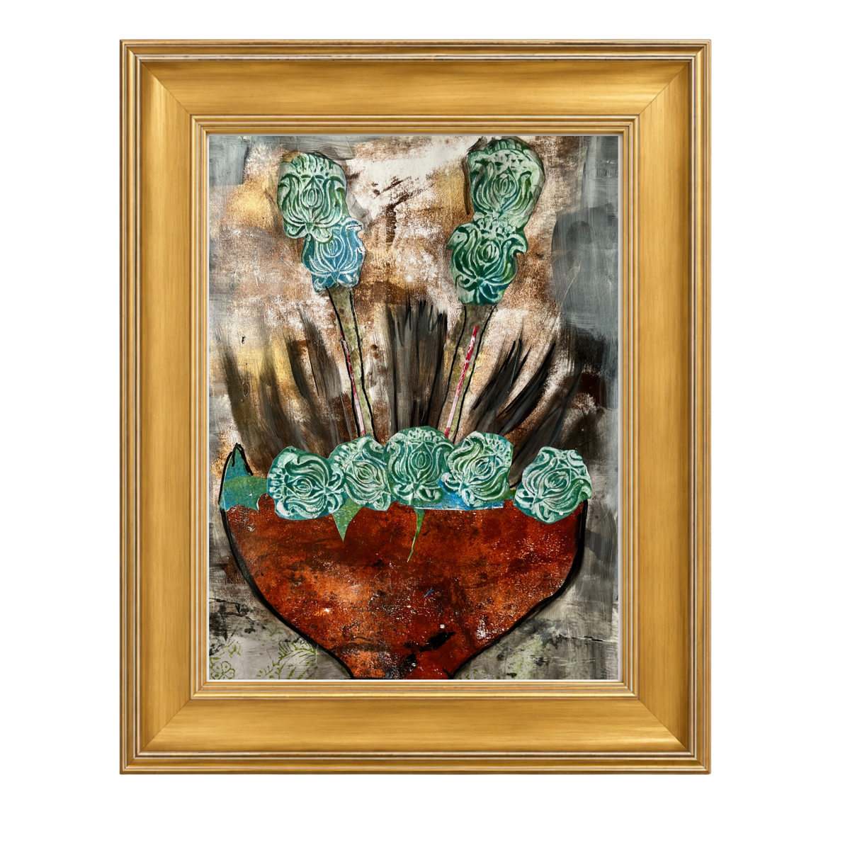 Framed abstract art print featuring a textured rust-red heart shape with turquoise floral elements and dark vertical strokes on a mottled gray-brown background, housed in a gold frame.