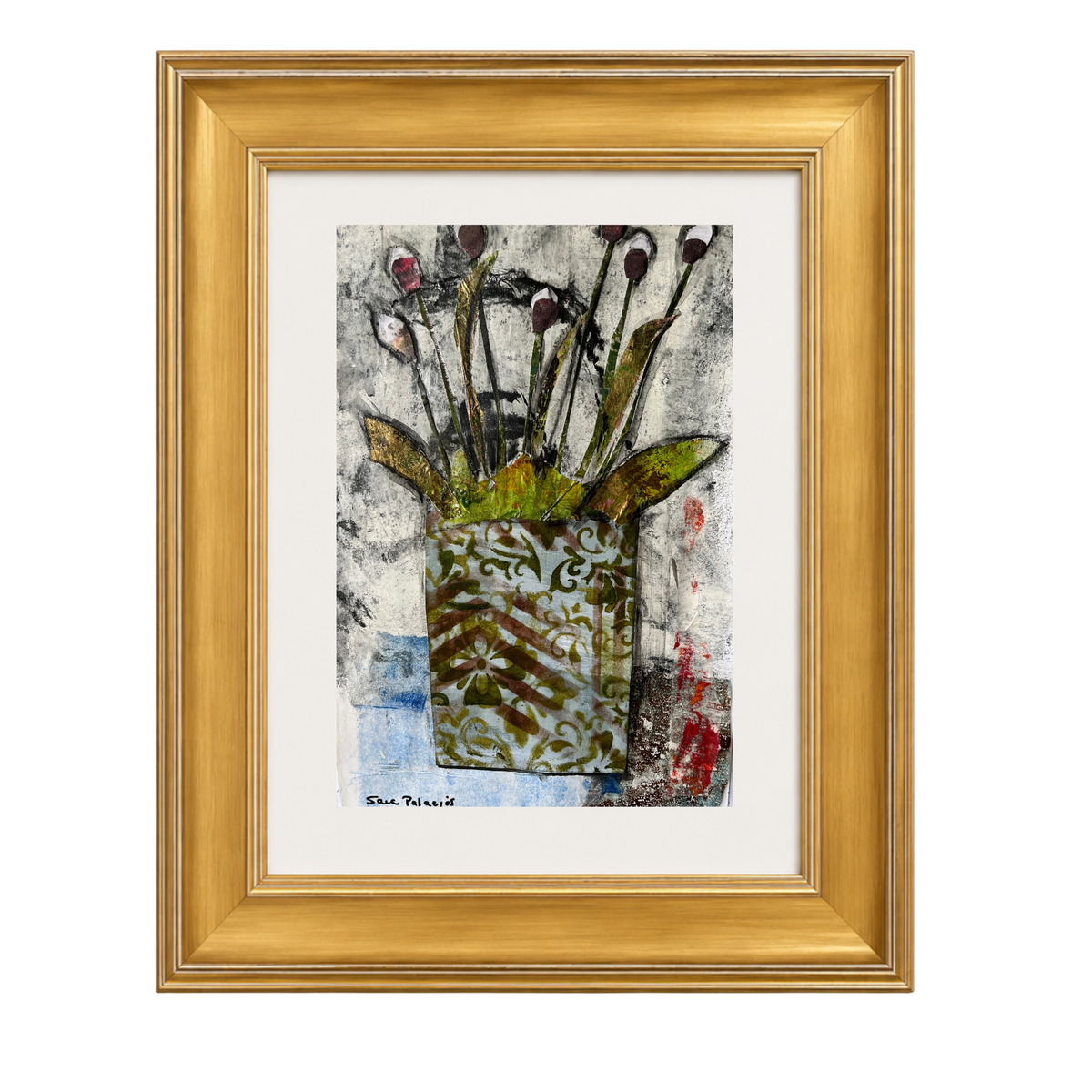 Framed mixed-media floral artwork featuring a patterned vase with stems and leaves, set within a white mat and a gold frame, shown against a plain white background.