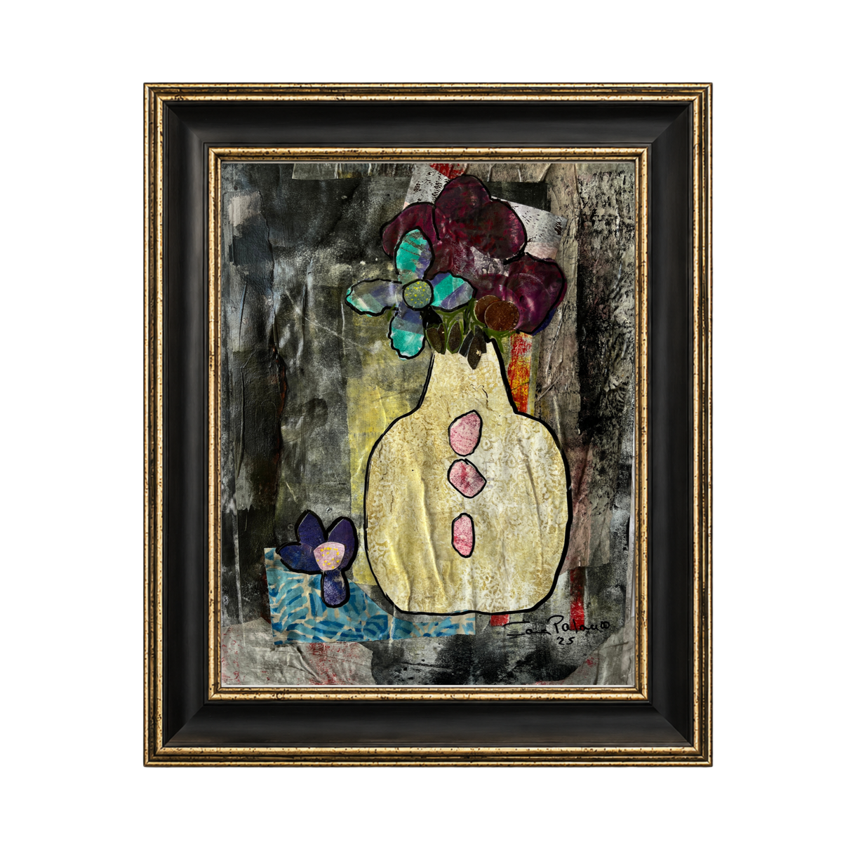 A framed mixed-media painting of a vase with flowers, featuring a textured black and gray background, a cream-colored vase with pink accents, and purple, teal, and blue floral elements. The artwork is housed in a black frame with gold inner trim, shown against a plain white background.