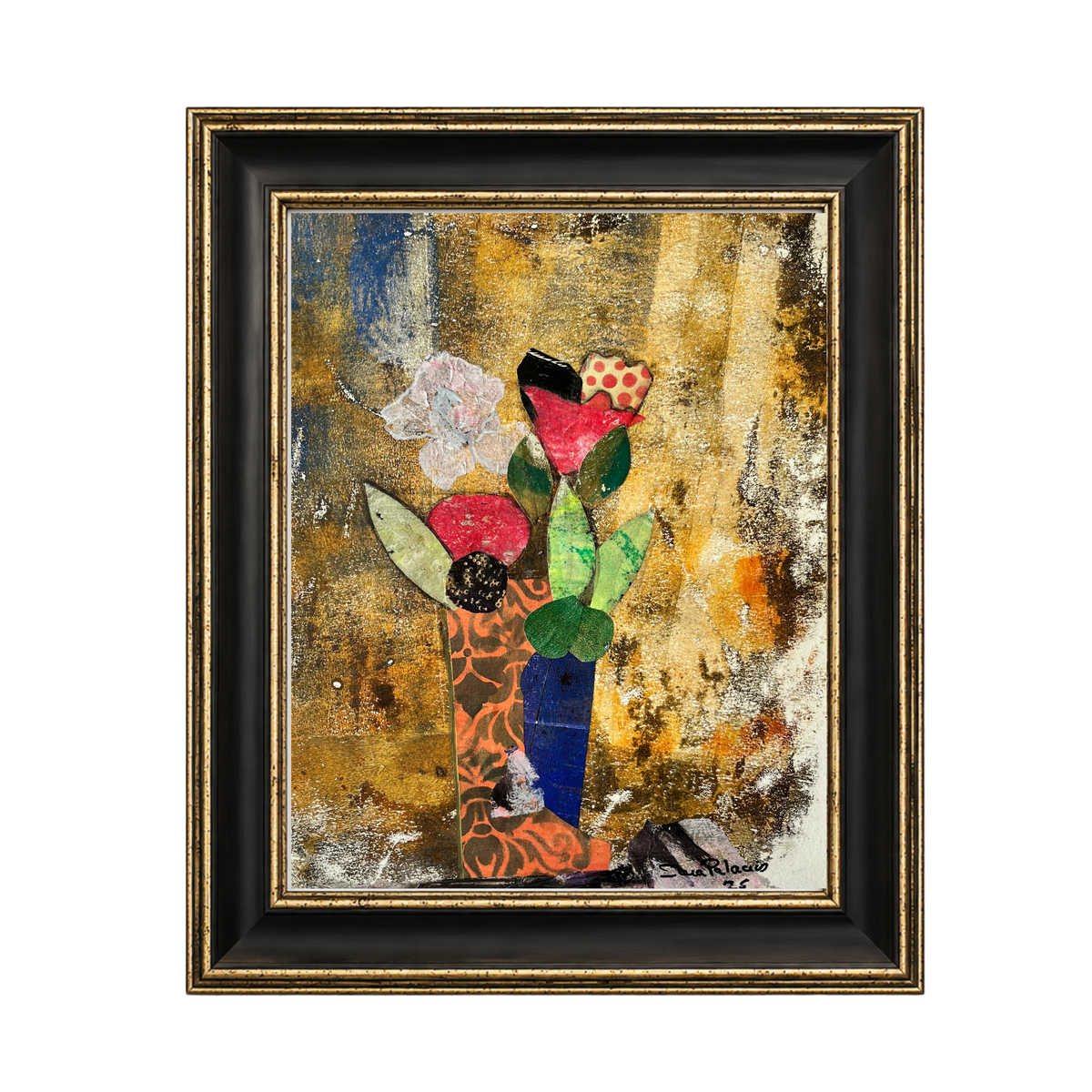 A framed abstract floral painting featuring a vase with red, pink, green, and blue flowers against a textured gold, brown, and beige background, enclosed in a black frame with gold detailing.