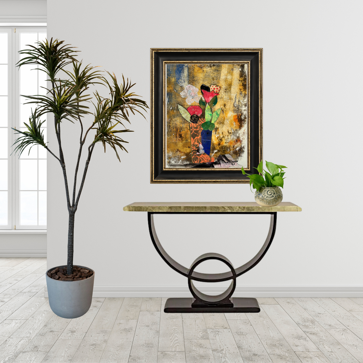 Abstract artwork with flowers and a vase on a textured background. Framed in a black and gold frame on top of a credenza.