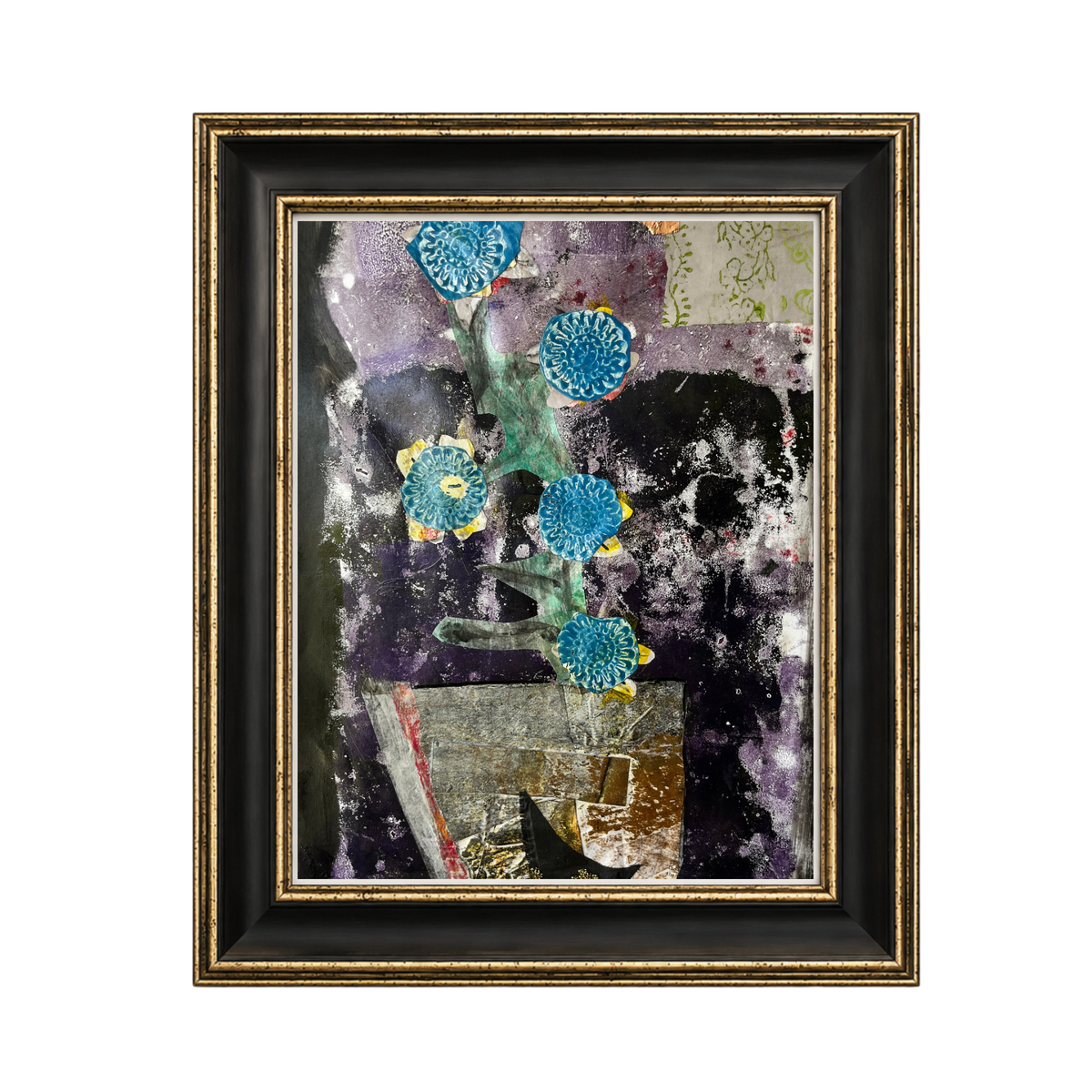 Framed abstract art print featuring blue textured flowers on a dark purple and black background, housed in a black and gold frame.