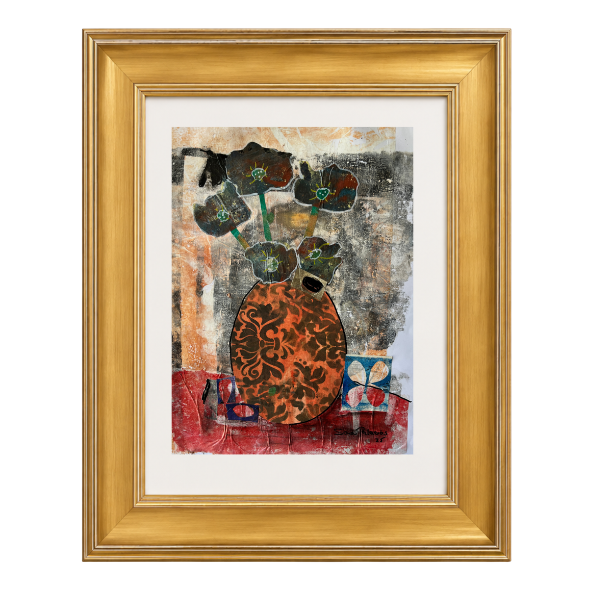 Framed abstract art print featuring a stylized orange and black patterned vase with dark flowers on a textured multicolor background, enclosed in a white mat and a gold frame.