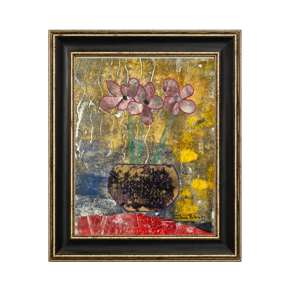 A framed abstract painting featuring pink flowers in a dark vase against a textured yellow, gold, blue, and red background, enclosed in a black frame with gold detailing.