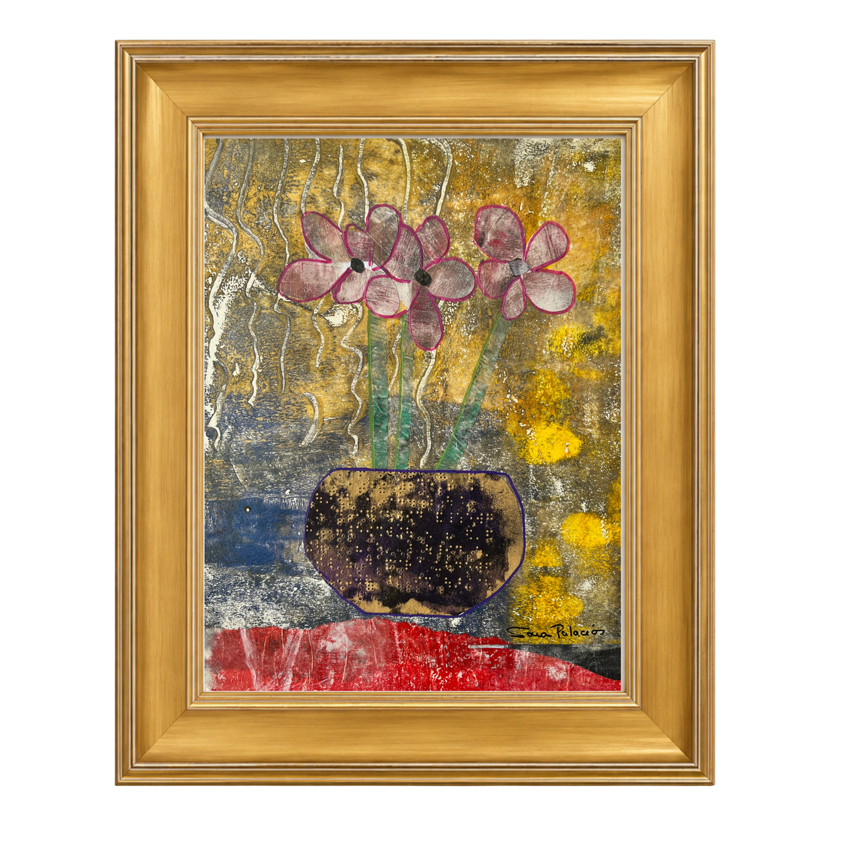 A framed abstract painting featuring pink flowers in a dark vase against a textured yellow, gold, blue, and red background, enclosed in a gold frame .