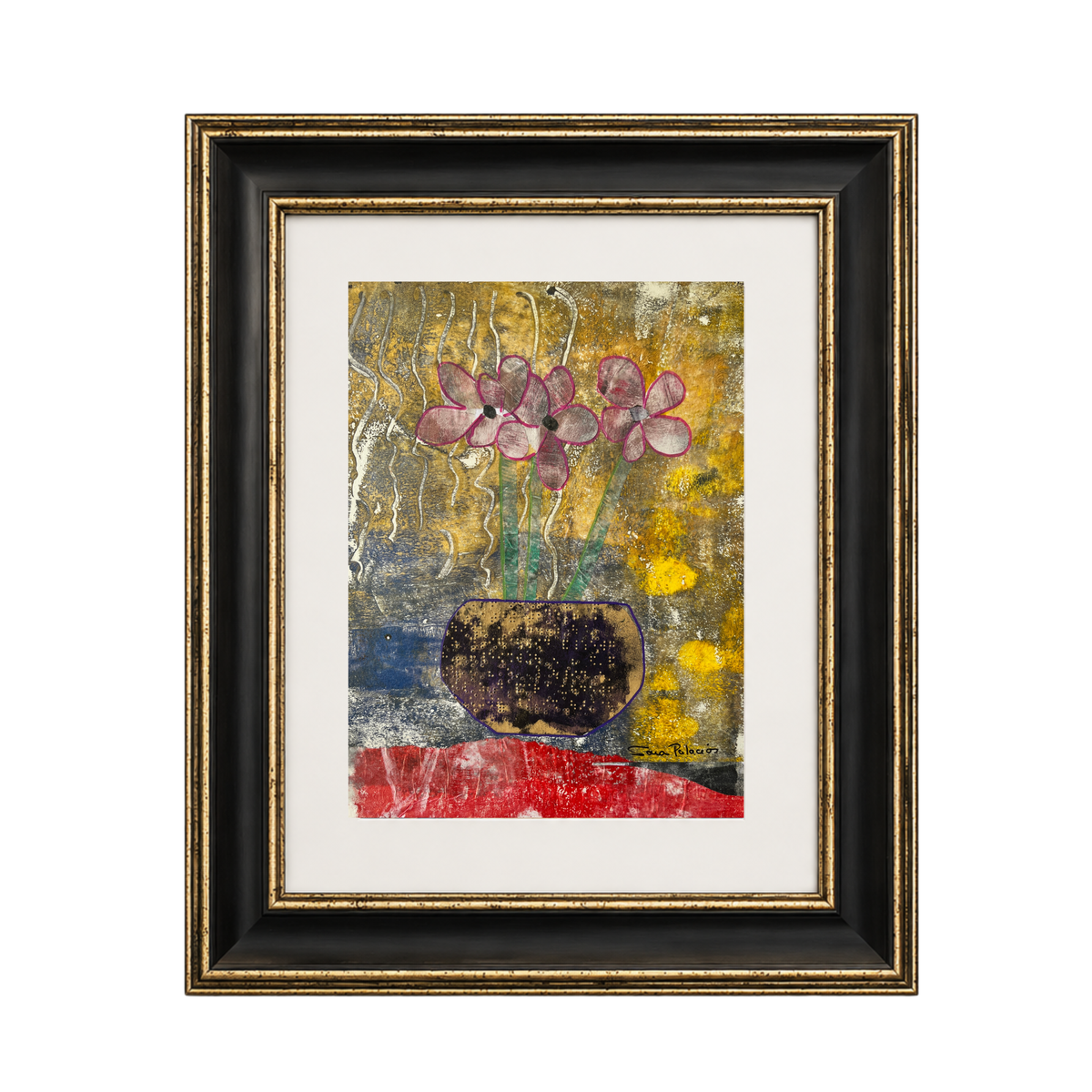 A framed abstract painting featuring pink flowers in a dark vase against a textured yellow, gold, blue, and red background, enclosed in a matted black and gold frame .
