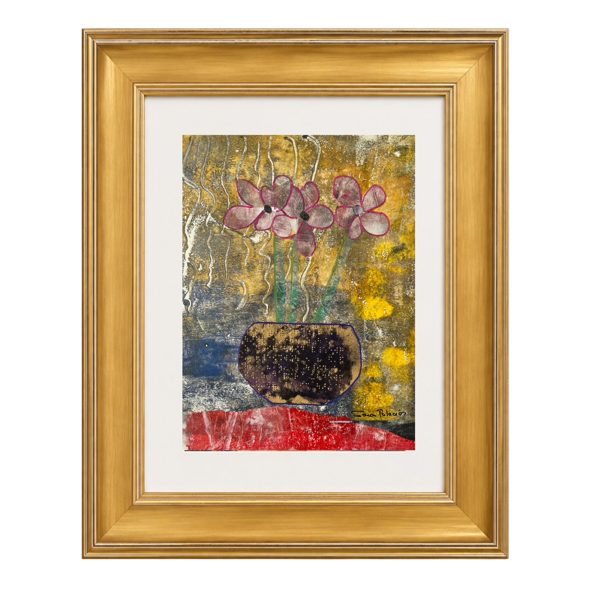 A framed abstract painting featuring pink flowers in a dark vase against a textured yellow, gold, blue, and red background, enclosed in a matted gold frame .