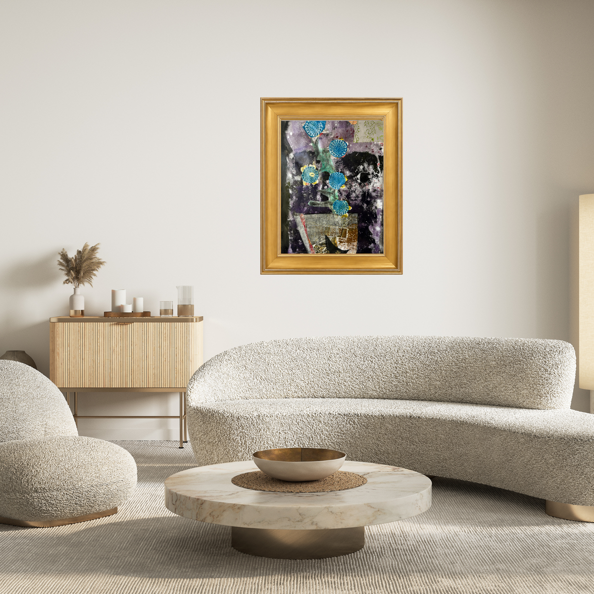 A framed abstract art print featuring textured purple, black, and gold backgrounds with blue circular floral motifs, enclosed in a gold frame, in a minimalist white living room.