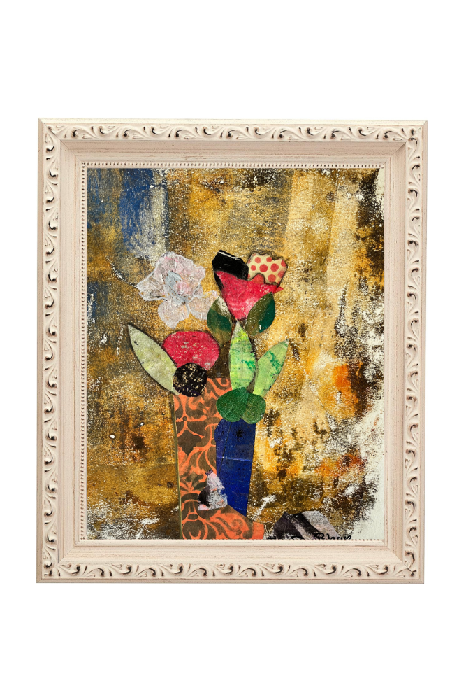 Framed abstract artwork with flowers on a textured background