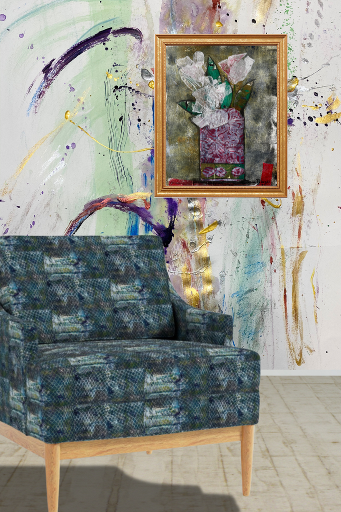 an eclectic room, blue chair, sunday afternoon A3 framed in gold, artsy wallpaper.