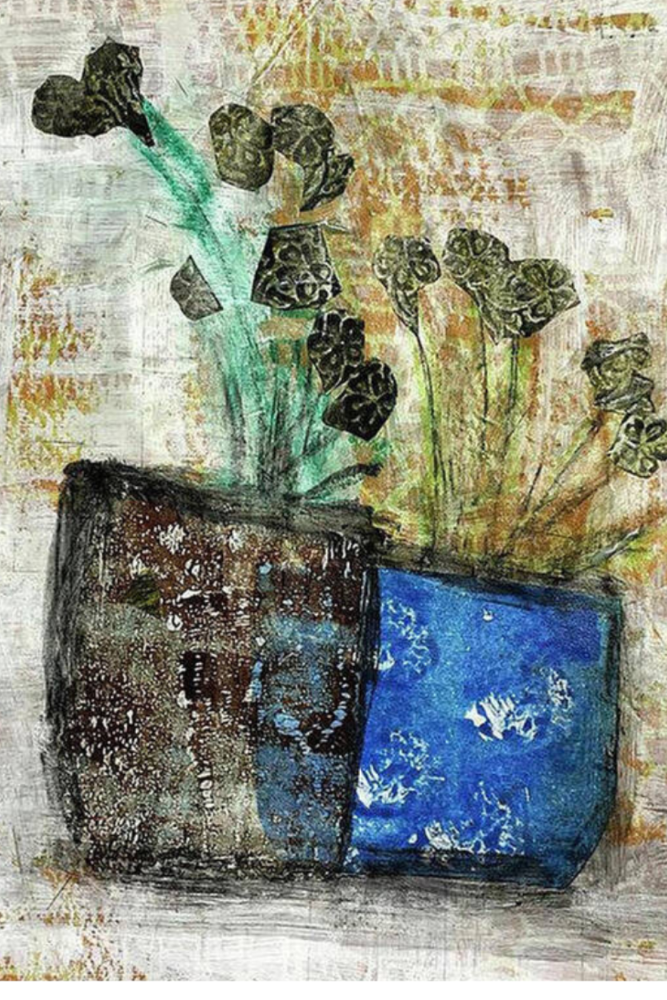 Artistic depiction of two pots with plants against a textured background