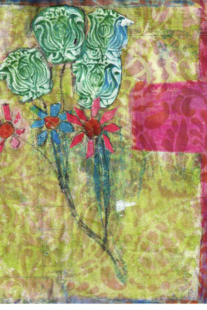 Artistic depiction of flowers on a textured background with abstract patterns