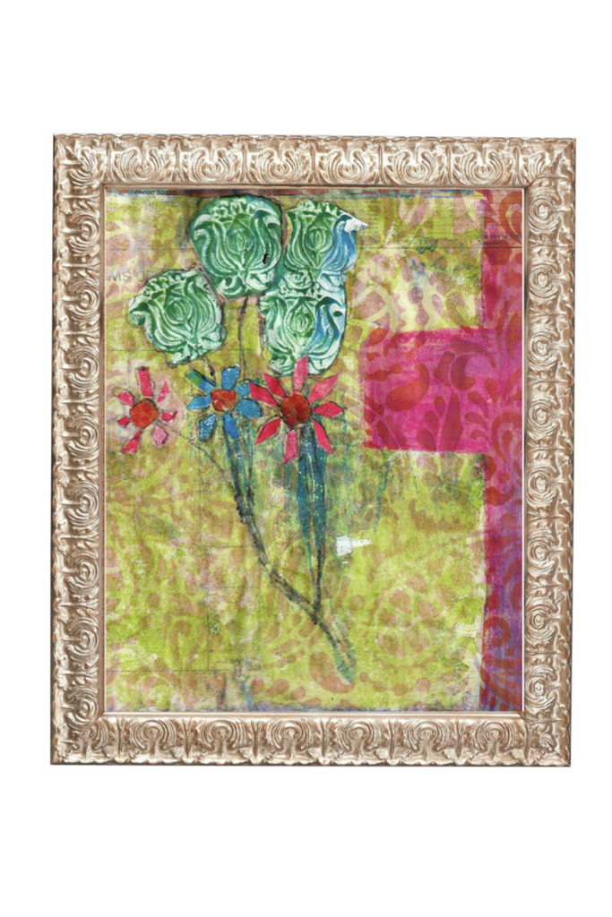 Artistic floral painting with a decorative gold frame on a white background
