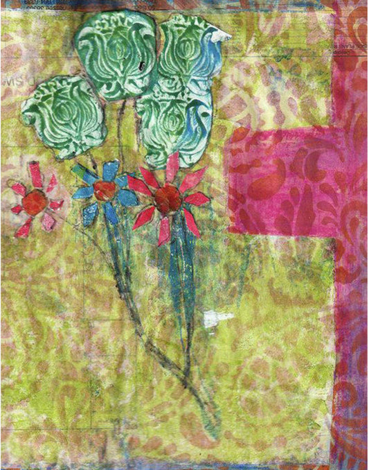 Mixed media collage titled The Dancing Moon by Sara Palacios. This vibrant piece features playful green and red floral forms with swirling textures, set against a richly layered background of lime green, magenta, and soft pink patterns. The composition evokes movement and joy, blending botanical shapes with dynamic color and texture.
