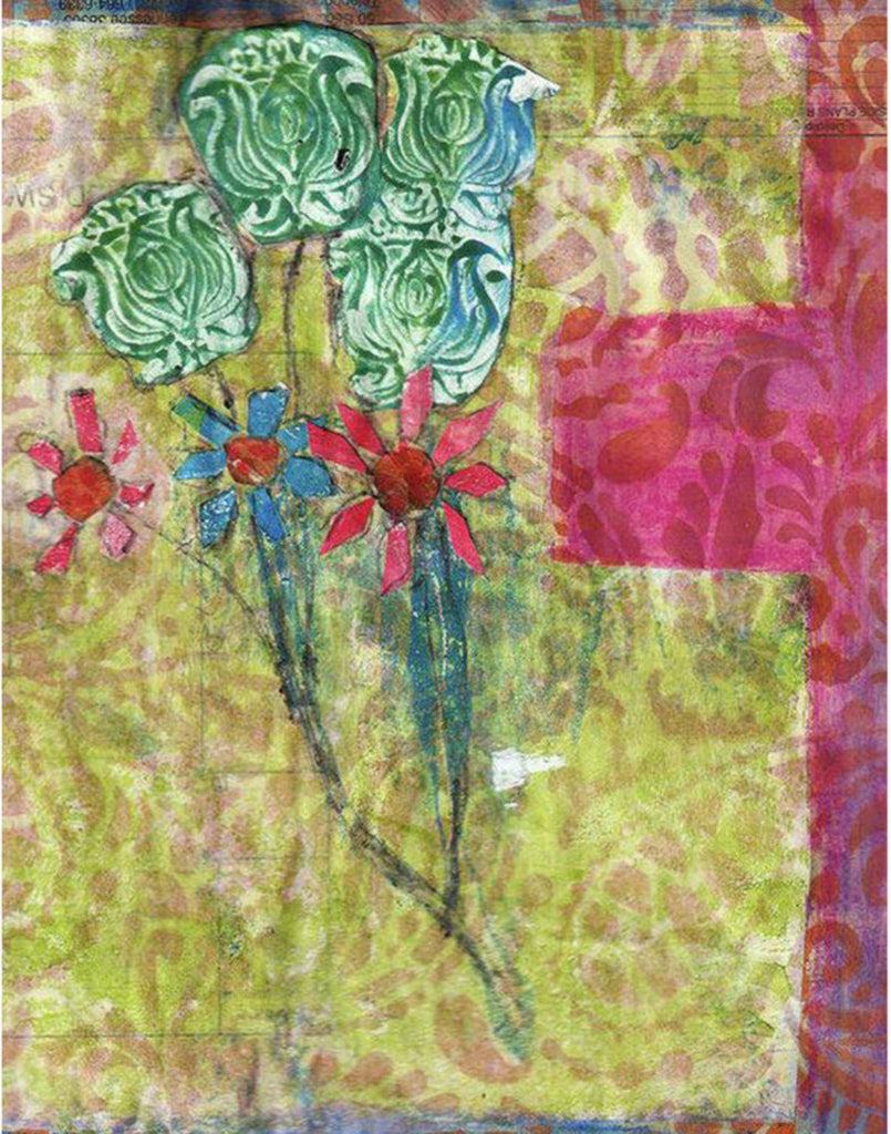 Mixed media collage titled The Dancing Moon by Sara Palacios. This vibrant piece features playful green and red floral forms with swirling textures, set against a richly layered background of lime green, magenta, and soft pink patterns. The composition evokes movement and joy, blending botanical shapes with dynamic color and texture.