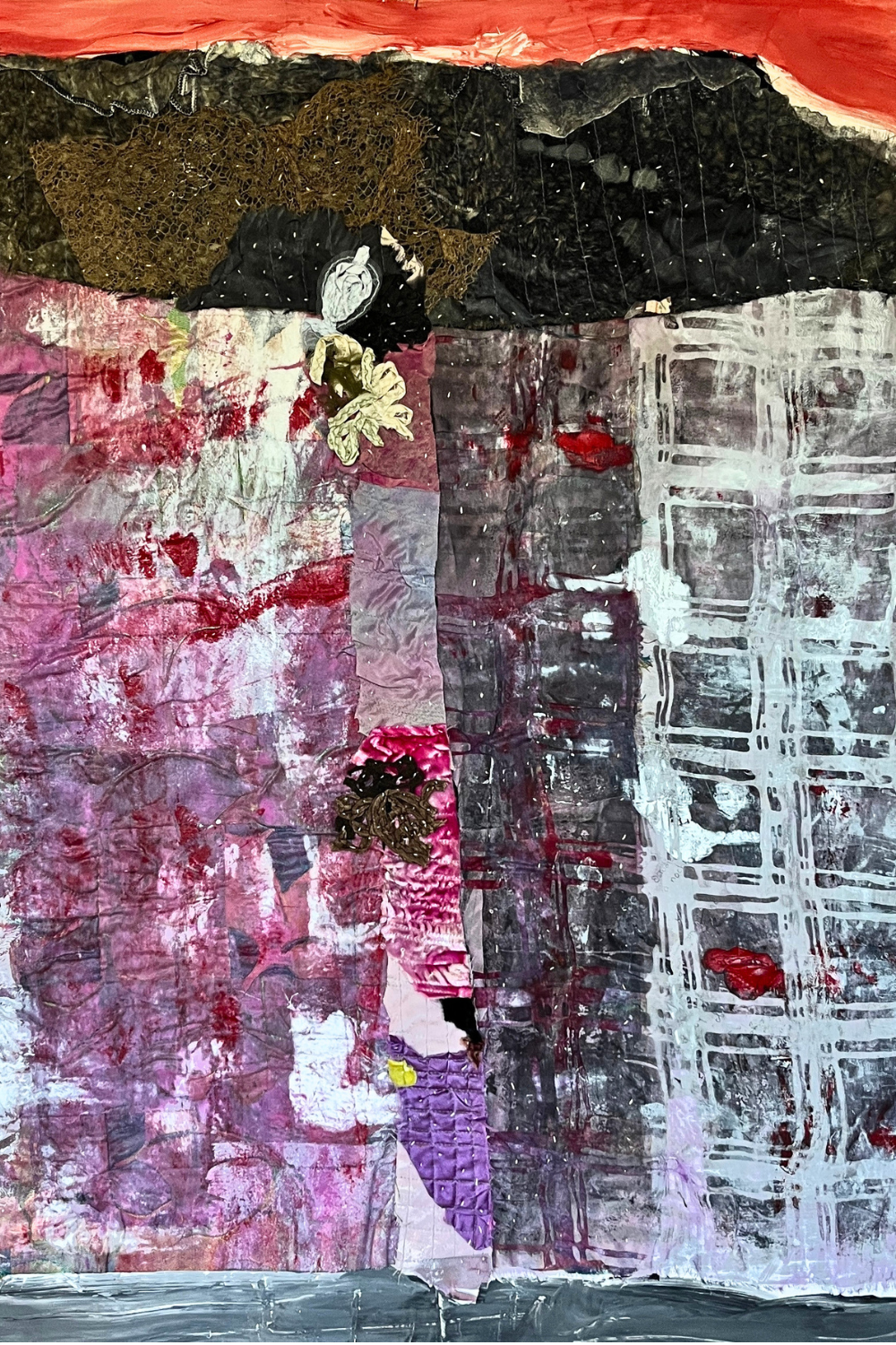 Original textile-on-paper abstract artwork with crimson, charcoal, plum, gray, lace details, stitched textiles, and layered mixed-media textures.
