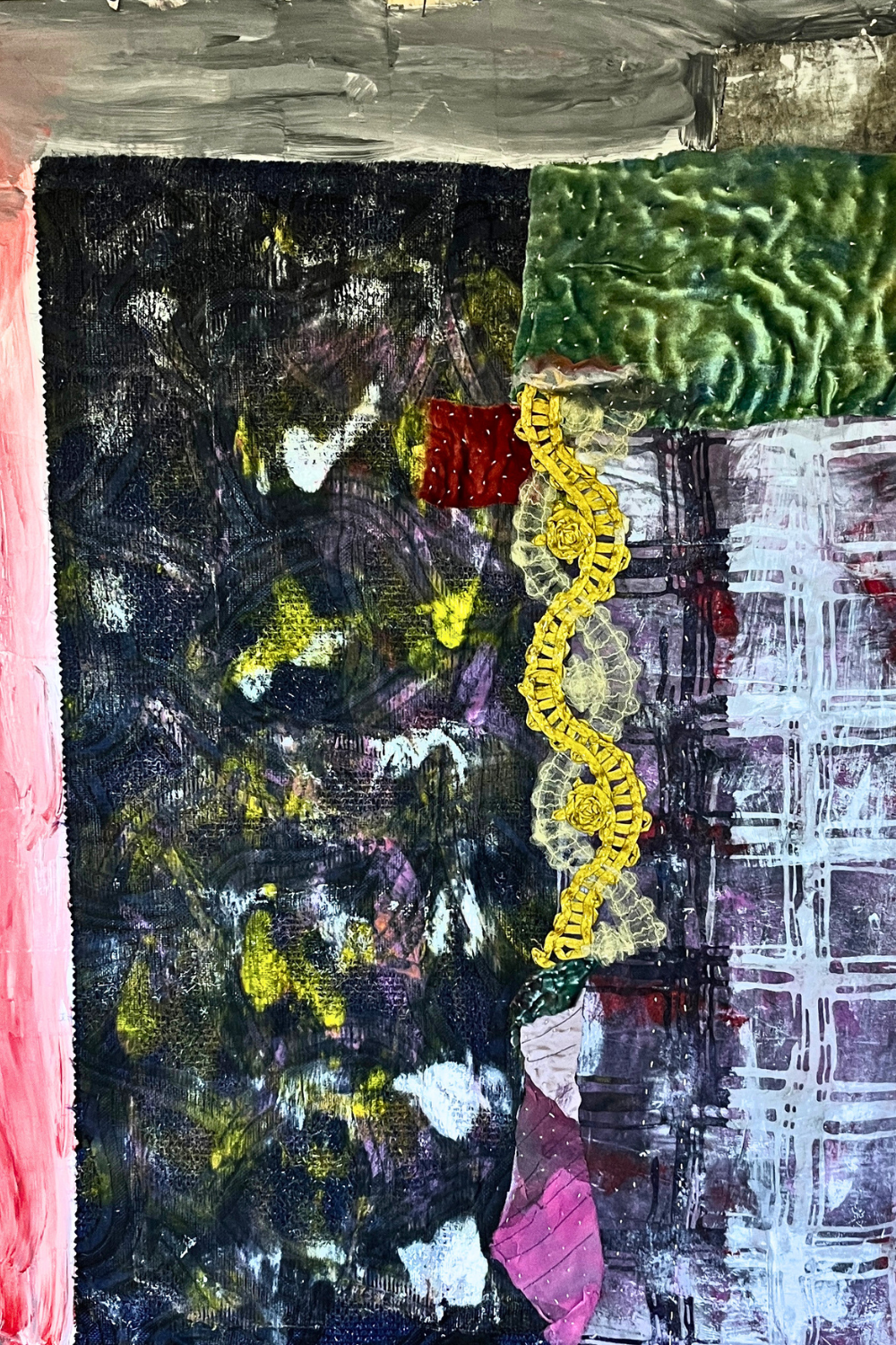 Original textile-on-paper mixed-media artwork featuring dark abstract textures, stitched yellow textile ribbon, green quilted fabric, layered collage, and acrylic paint.
