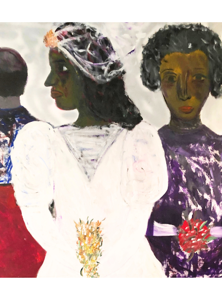 Collage of three stylized figures with colorful patterns and a white background