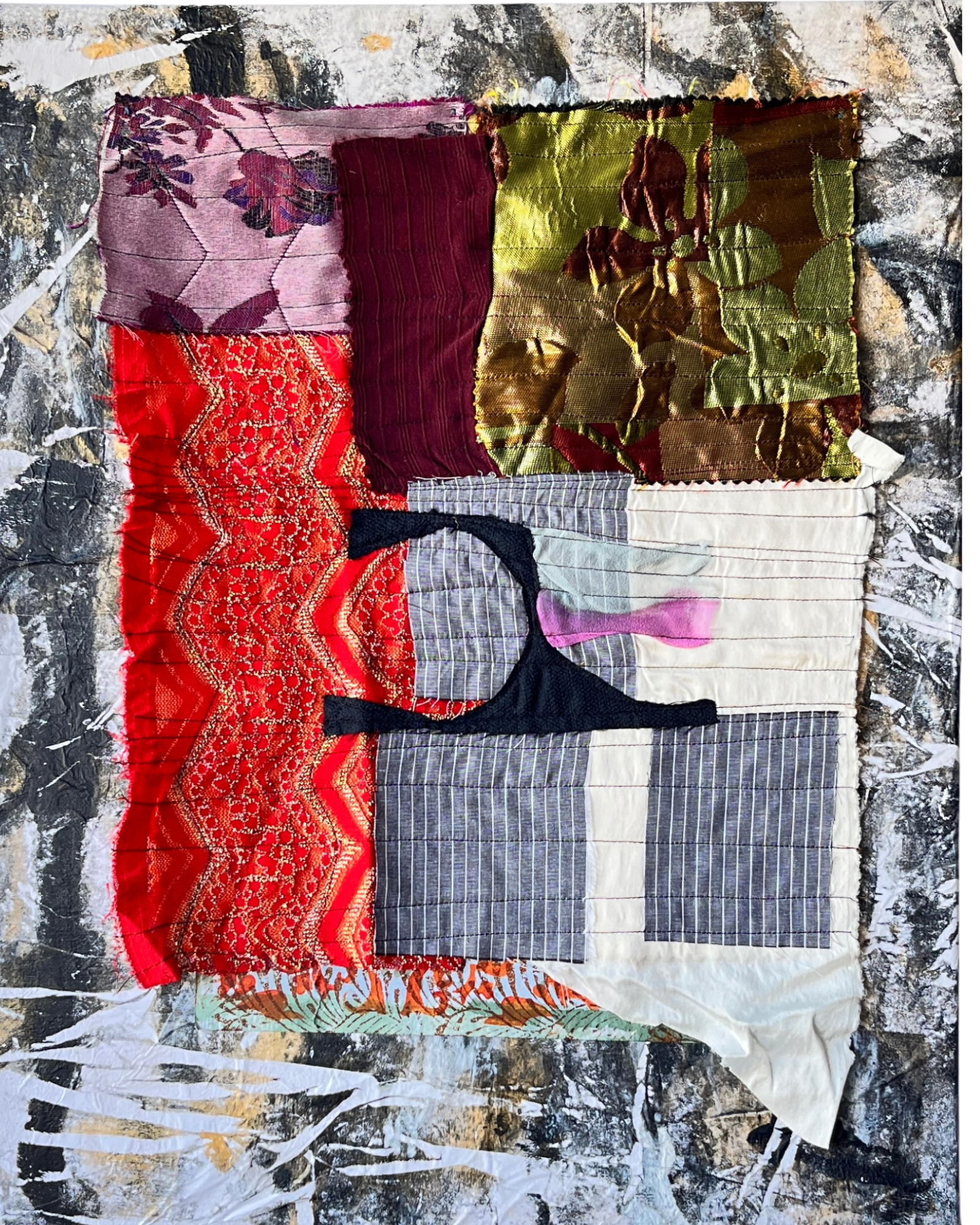 Collage of various fabrics and clothing items on a textured background