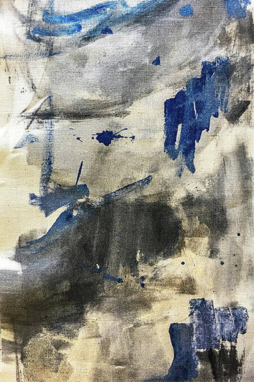 Abstract art with blue and gray brush strokes on a textured background
