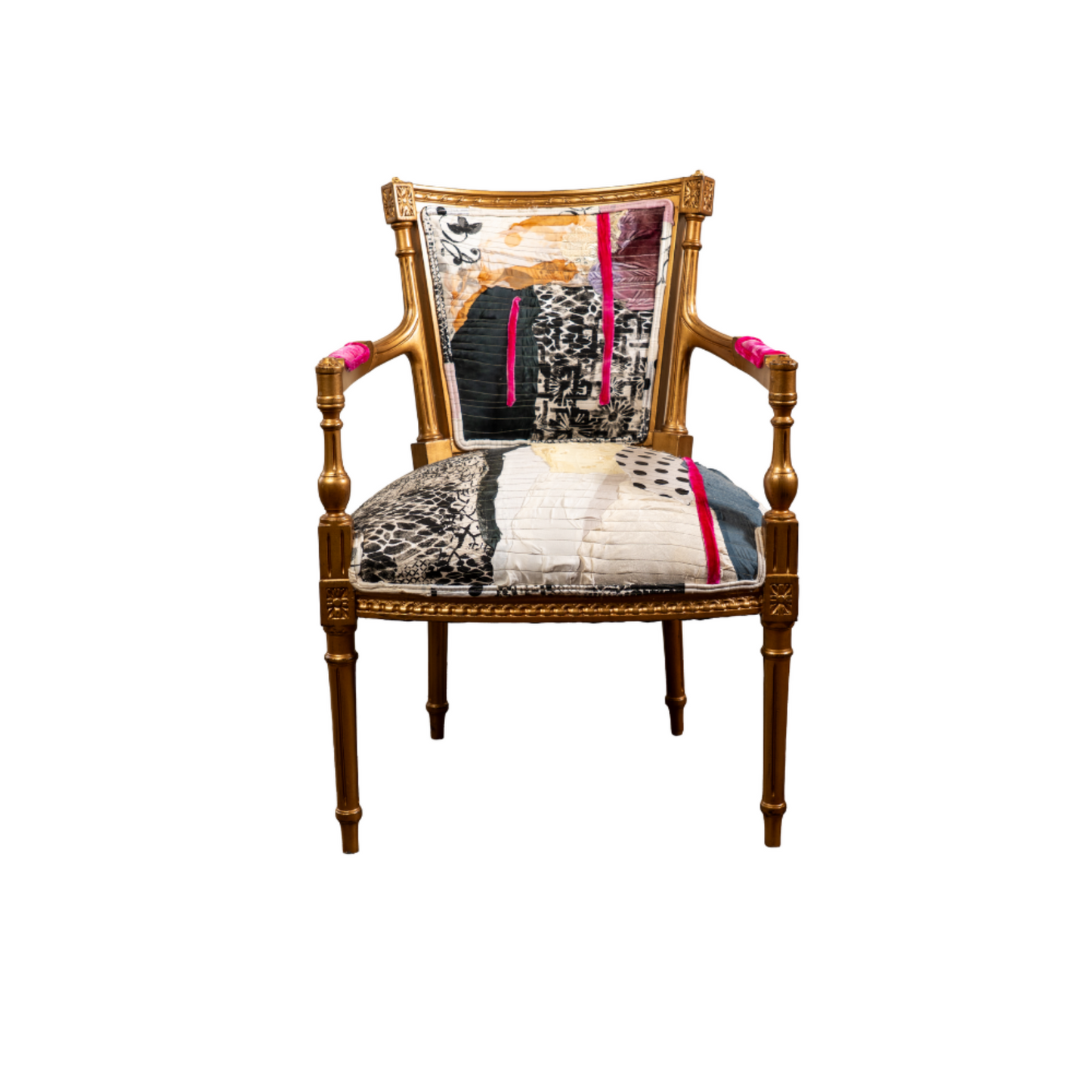 Verite Chair by Sara Palacios – a hand-painted, gold-framed accent chair upholstered with a bold patchwork textile featuring abstract black patterns, warm ochre tones, and striking fuchsia accents.