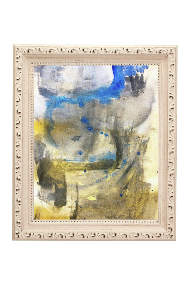 Abstract painting with blue and yellow splashes in a decorative frame on a white background