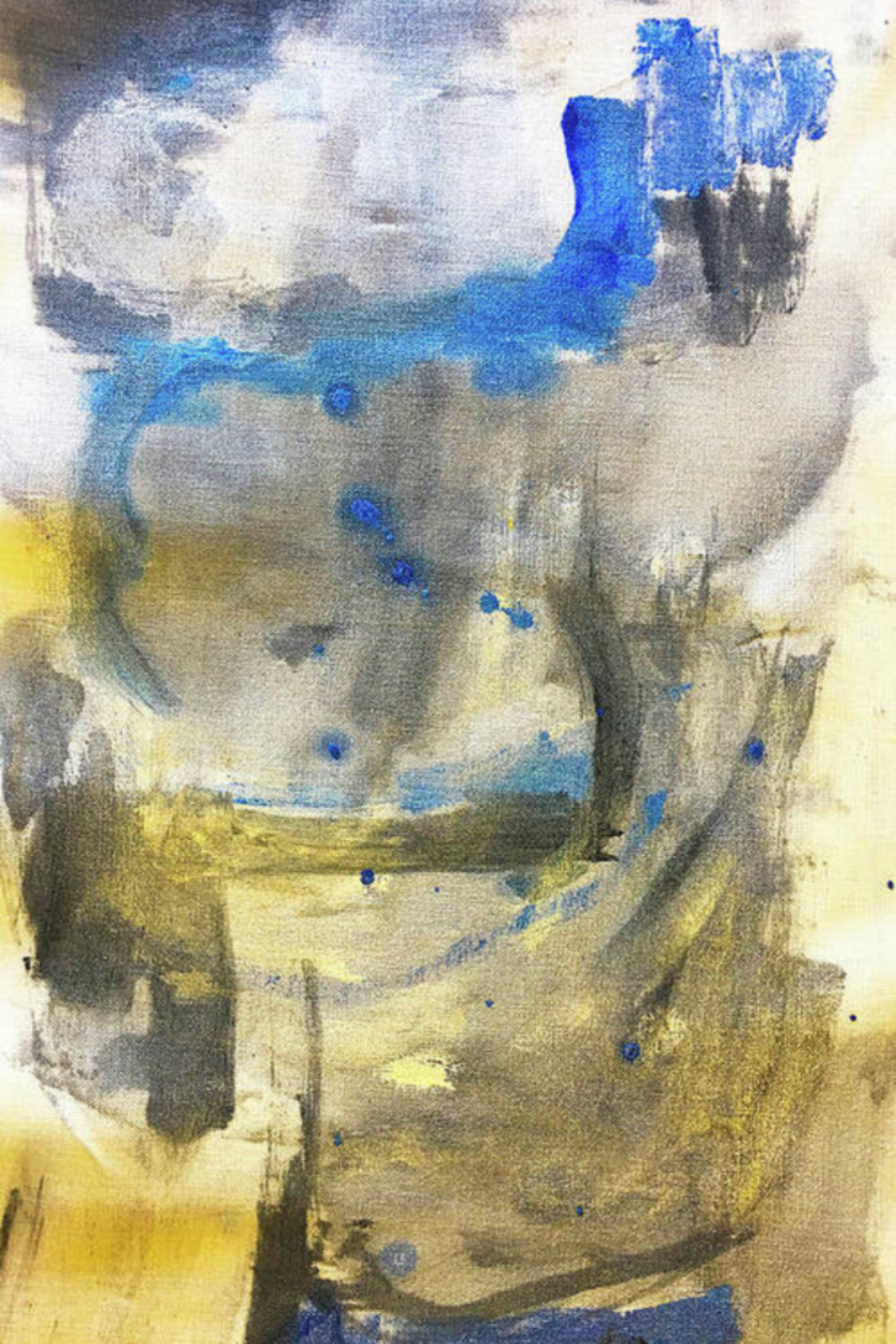 Abstract art with blue and yellow strokes on a textured background
