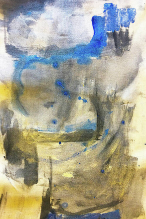 Abstract art with blue and yellow strokes on a textured background