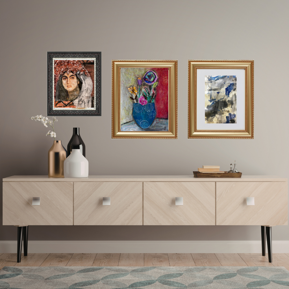 Floral Wall Fine Art Print. Framed artworks on a wall above a wooden console table with decorative items.