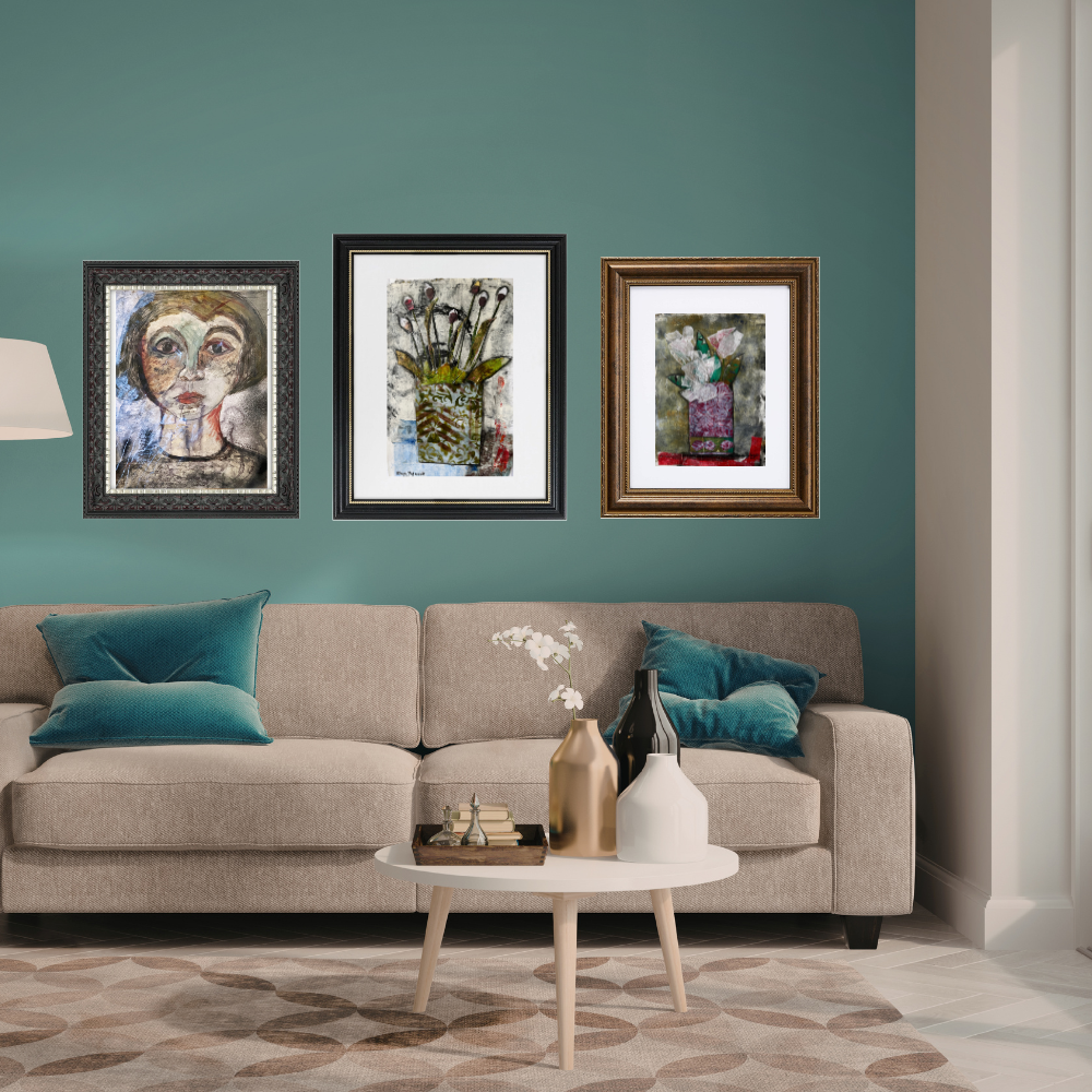 Floral Wall Fine Art Print. Living room with a beige sofa, teal pillows, and framed artwork on a teal wall.
