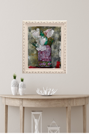 Framed abstract painting on a wall above a wooden console table with decorative items.
