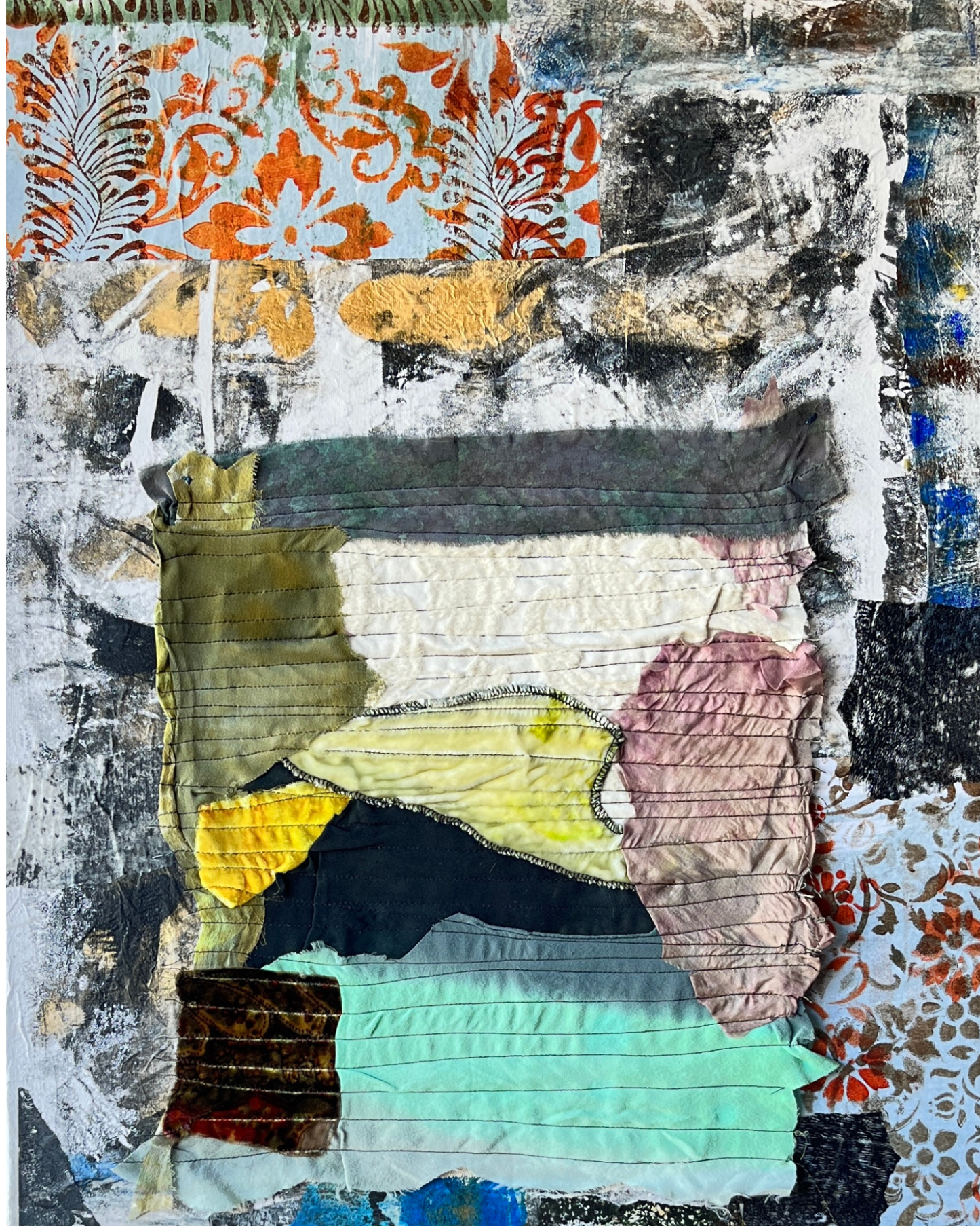 Collage art with textured patterns and colors